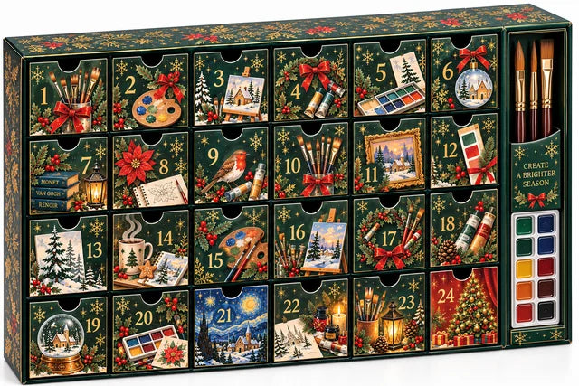 Painting Advent Calendar with 24 numbered festive drawers and painting supplies